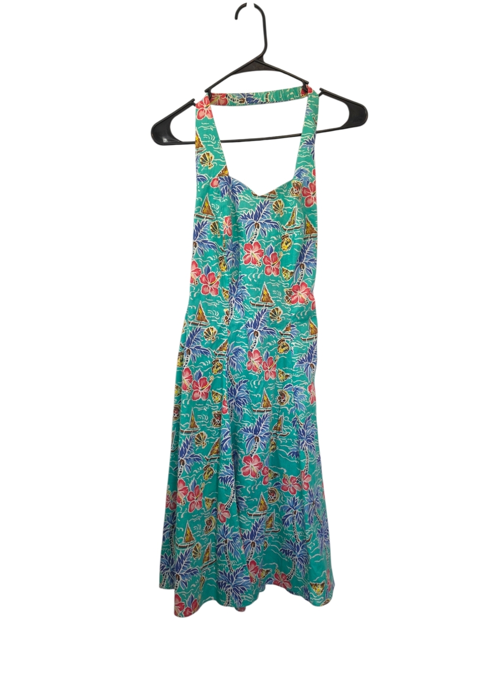 Hilo Hattie Vintage Tropical Floral Halter Neck Mini Dress in Teal Size 8 Hawaii